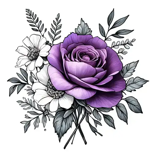 Create a tiny fine line tattoo bouquet for my forearm with 1 honeysuckle, 1 rose, 1 peony, and 1 violet flower tattoo design idea