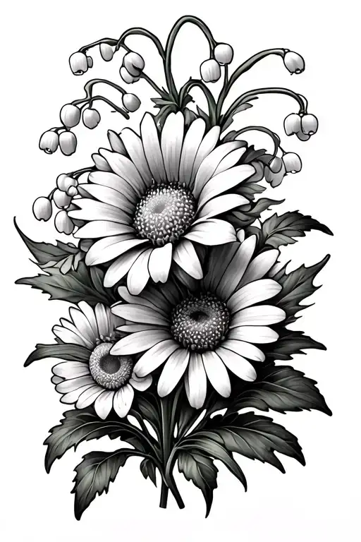 flower tattoo of lily of the valley, chrysanthemum, daisy and larkspurs tattoo design idea