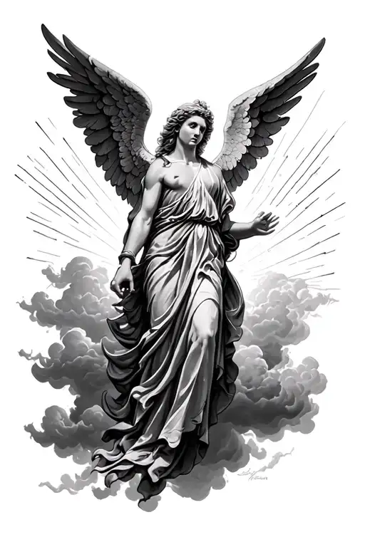 Black and grey sleeve, dark realism. ‘Even storms fade’ quote. Guardian angel, storm clouds, light rays. tattoo design idea