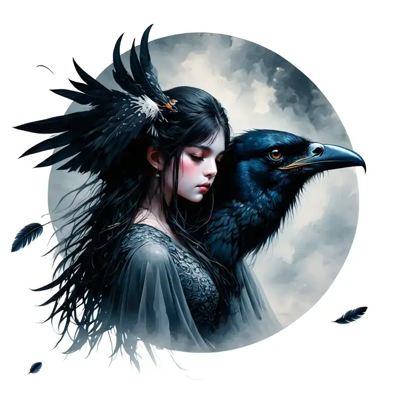 Pale Yūrei with haunted expression. Raven on right. Delicate crane feathers drift from left, vanishing into her misty si tattoo design idea