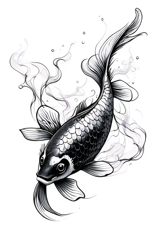 smokey single koi fish with smoke effects, abstract lines tattoo design idea
