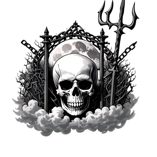 A skull, a gate of cemetery, chain, full moon and trident, with shading in clouds tattoo design idea