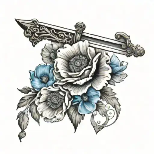 angel wings, a sword, and blue poppy flower arm sleeve tattoo tattoo design idea
