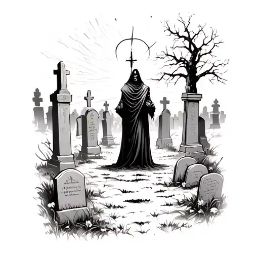 image of a graveyard, with the grim reaper looking up at the big illuminated mon standing among the tombstones tattoo design idea
