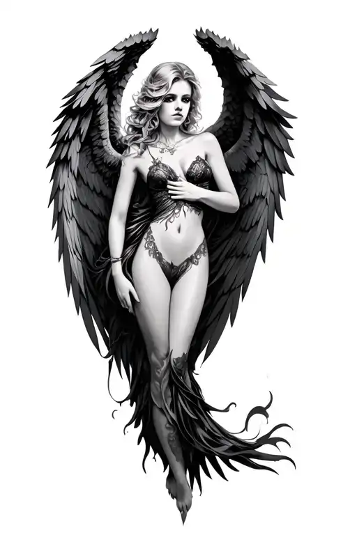 beautiful sexy trippy dark angel with wings  tattoo design idea