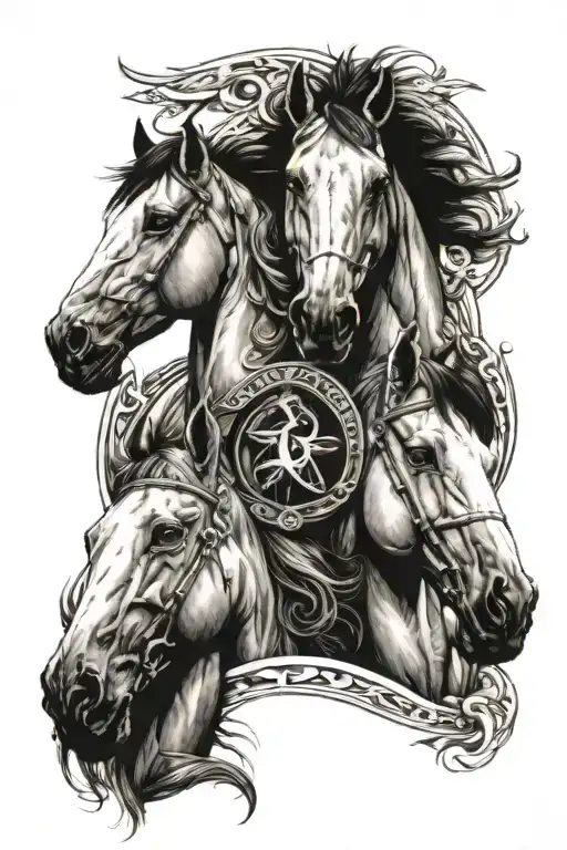 two horse heads inside a horseshoe surrounded tattoo design idea
