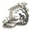 pond with a cherry blossom tree and cat reaching into water to catch fish  tattoo design idea