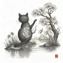 pond with a cherry blossom tree and cat reaching into water to catch fish  tattoo design idea