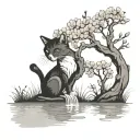 pond with a cherry blossom tree and cat reaching into water to catch fish  tattoo design idea