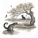 pond with a cherry blossom tree and cat reaching into water to catch fish  tattoo design idea