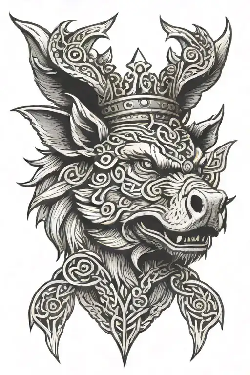 boar head wearing a crown with wings and sword and a celtic trinity knot tattoo design idea