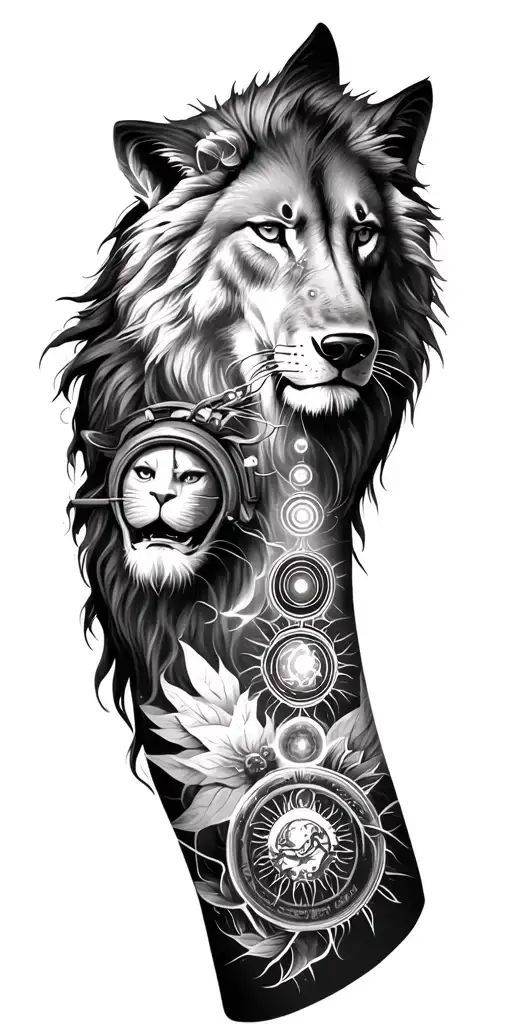 Generate a full sleeve tattoo which contains bike ride, lion, wolf, nature, spiritual, lord shiva, 7 chakras, sun, moon, tattoo design idea