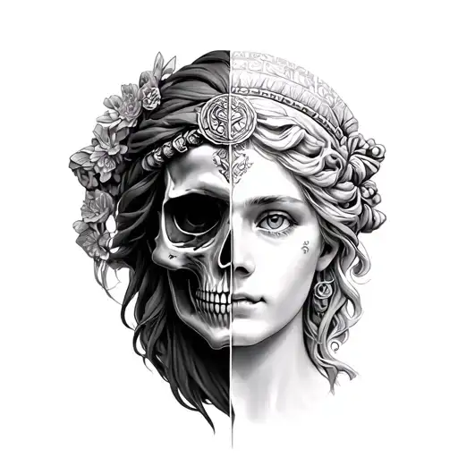 A Greek goddess who has half of the face as a skull, and the other normal, semi -realistic tattoo design idea