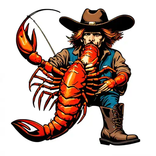 crawfish wearing boots and cowboy hat fishing tattoo design idea