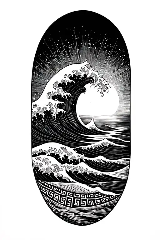  gentle wave, sun rise, Greek key band at base of sleeve tattoo design idea