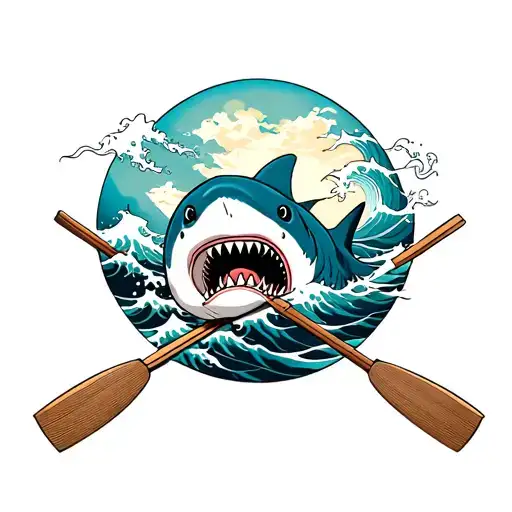 shark in front of crossed rowing oars with waves flowing tattoo design idea