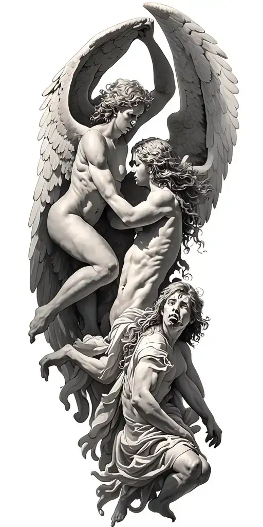 heaven vs hell theme with angels and demons fighting tattoo design idea