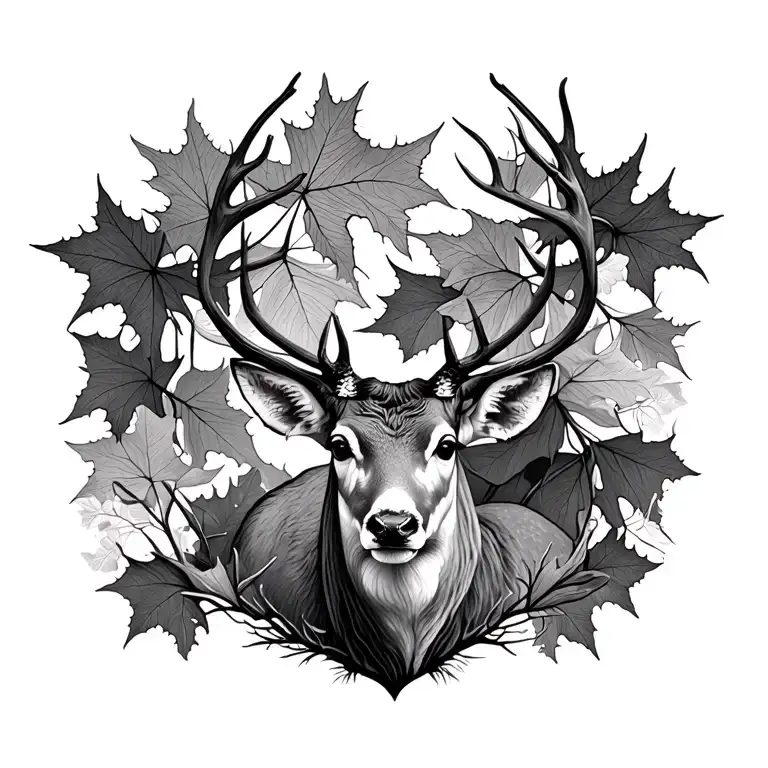 sika deer with Japanese maple and ginkgo leaves tattoo design idea