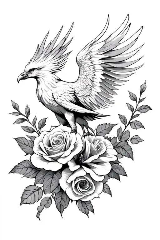 majestic phoenix rising from roses mayflowers hibiscus tattoo design idea