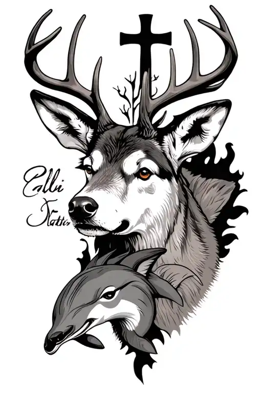 Deer head with a cross behind it with a huskies dolphins sleeve tattoo tattoo design idea