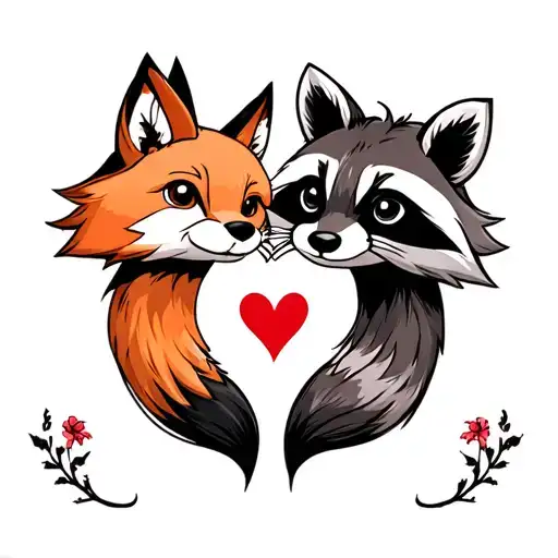 a fox tail and a raccoon tail making a heart tattoo design idea