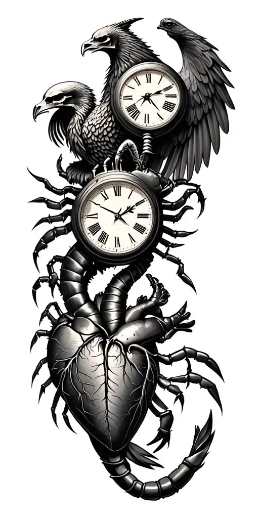 A clock with a reaper, a scorpion which sticks its stinger into an anatomical heart, a phoenix, a lightning bolt tattoo design idea