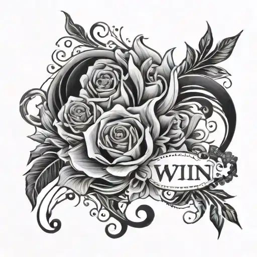 make me a tattoo design  about people around the word "Win" make it black and white tattoo design idea
