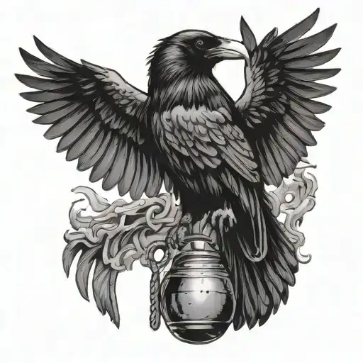 raven carrying a grenade by the claw in flight tattoo design idea