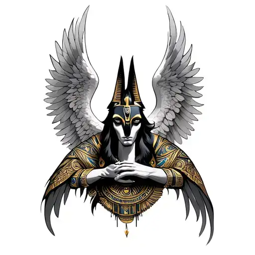 angel uriel sleeve and anubis and mansa musa tattoo design idea