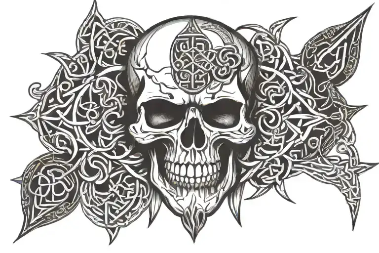 skull, dagger and celtic pattern with elements tattoo design idea