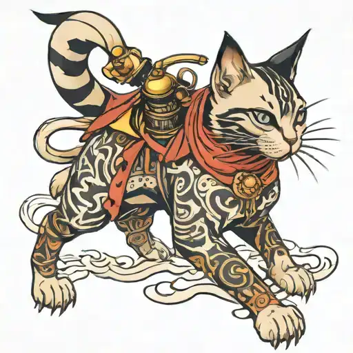 Siamese cat samurai full size tattoo design idea