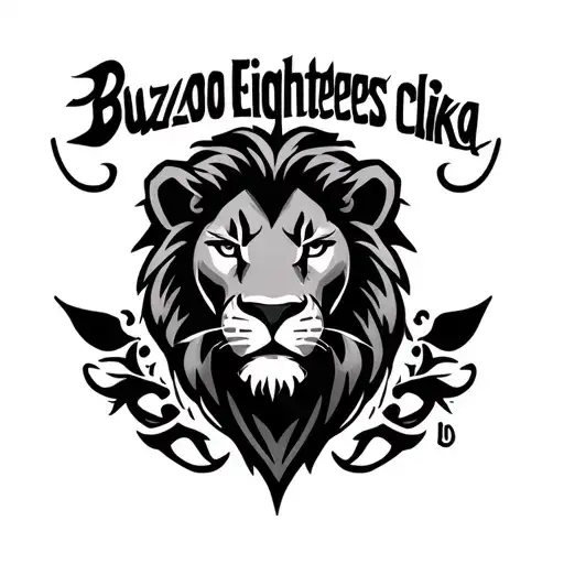 "Buzo Eighteens clika" lion face surrounded tattoo design idea