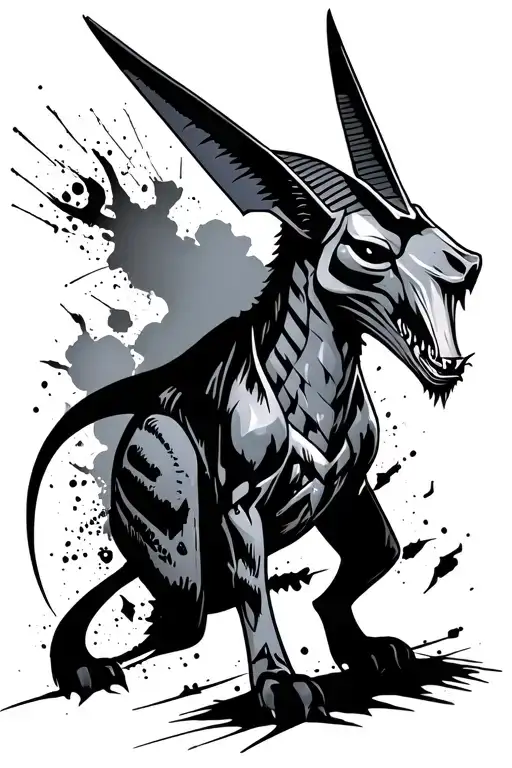raging Anubis trash polka style tattoo design idea