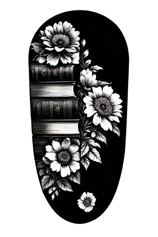 stack of books behind a half sleeve of flowers tattoo design idea