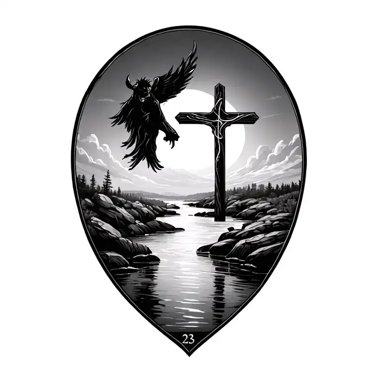 Psalm 23 with river and cross tattoo design idea