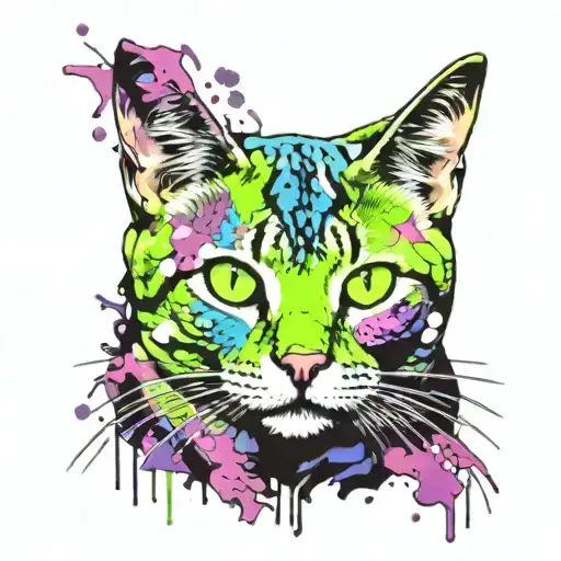 Skinny female tabby cat portrait, blue black green purple pink white, spot on face, Pop art, artistic, splatter paint. tattoo design idea