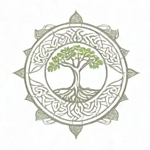 celtic tree of life, mandala pattern, lotus flower yin yang with half of background tree dark and half white tattoo design idea