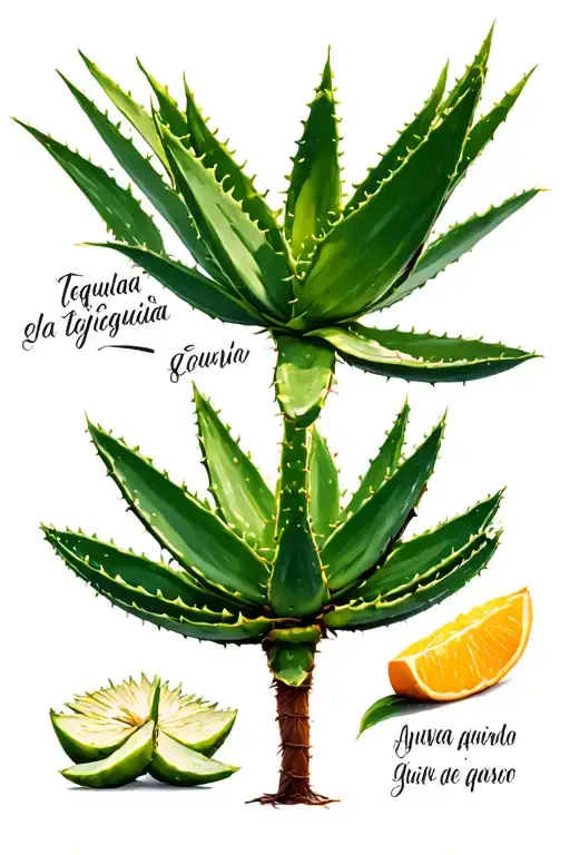 Agave Plant with Spanish writing on the leaves of the different types of tequila  tattoo design idea