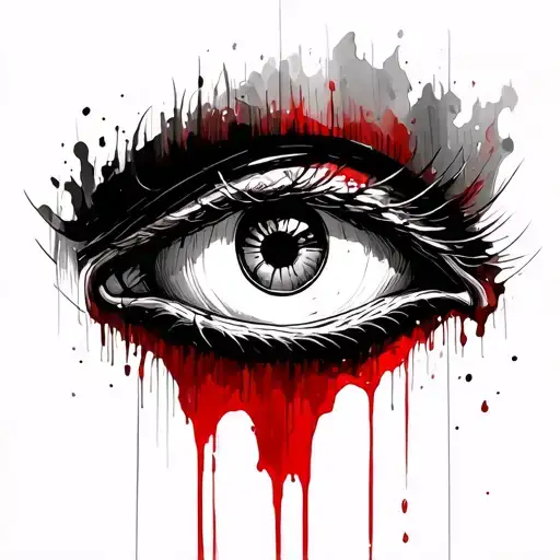 Tattoo sketch of an eye with bloody streaks below. Primary colors are black and bloody. There are few details. The shape of the eye is rough and composed tattoo design idea