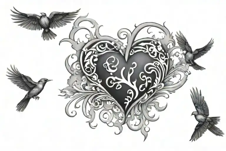 black heart ignited by flames with birds flying away tattoo design idea