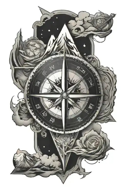 compass indicating initial, mountain, planet, triangular shape tattoo design idea