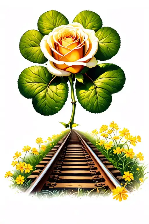 Rose, 4 leaf clover, golden wattle, train tracks forming the shape full sleeve tattoo design idea