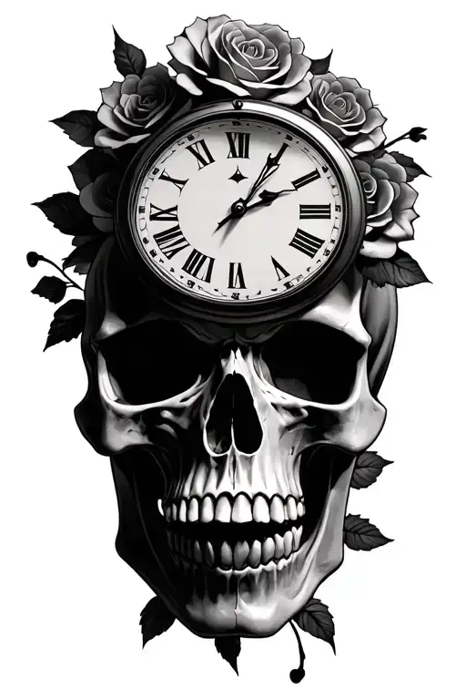 skull and roses and clock , black and grey  tattoo design idea