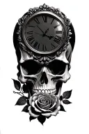 skull and roses and clock , black and grey  tattoo design idea