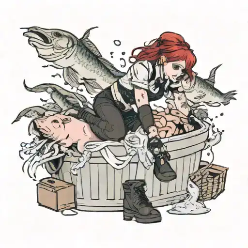 female hooker with red hair and pig tails and fishnet stockings dead body stuffed in a trash can with flies buzzing arou tattoo design idea