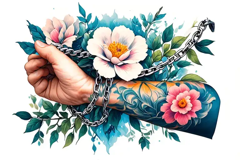 kurapika chain wrapped around the forearm with a blooming flower tattoo design idea