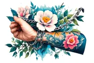 kurapika chain wrapped around the forearm with a blooming flower tattoo design idea