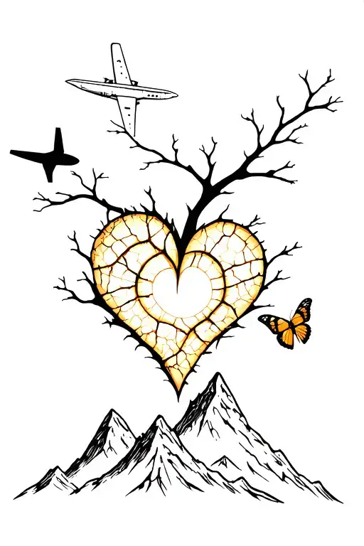 Heart with kintsugi cracks growing into a tree. Butterfly on branch. Subtle French Alps and airplane flying above.  tattoo design idea