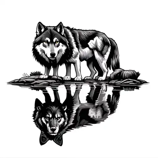 A grown wolf in a forest looking at his reflection in a lake, his reflection shows the wolf as a pup with a lion behind  tattoo design idea