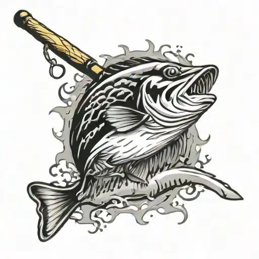A fishing rod morphing into a Pittsburgh Pirates baseball bat with a fish jumping out of the water tattoo design idea